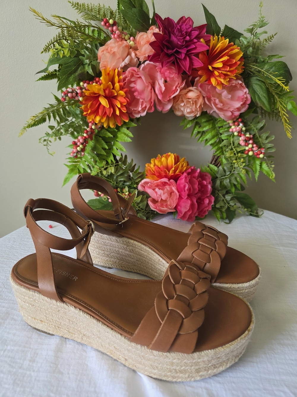 Marc Fisher Braided Espadrille Platform Sandals Brown Ankle Strap Size 8